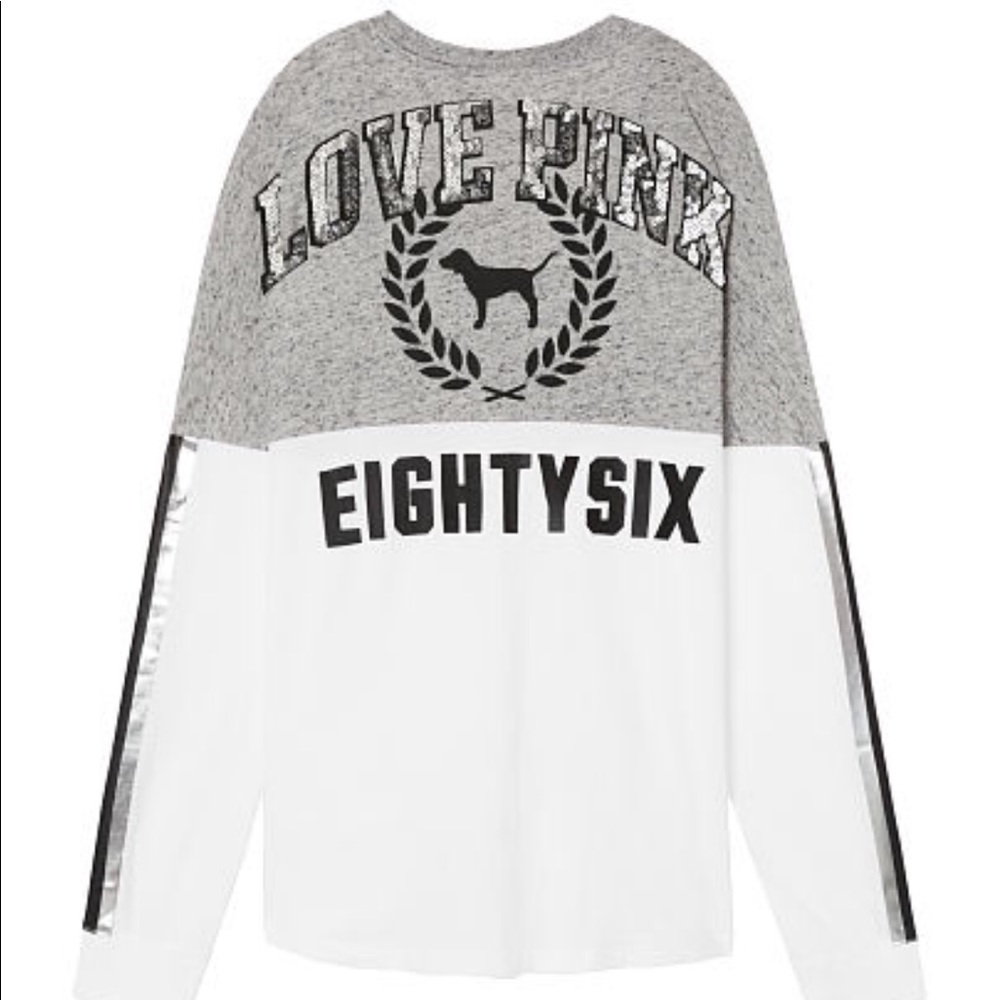 VS PINK SEQUIN BLING VARSITY VNECK LONG SLEEVE TEE - Picture 2 of 4